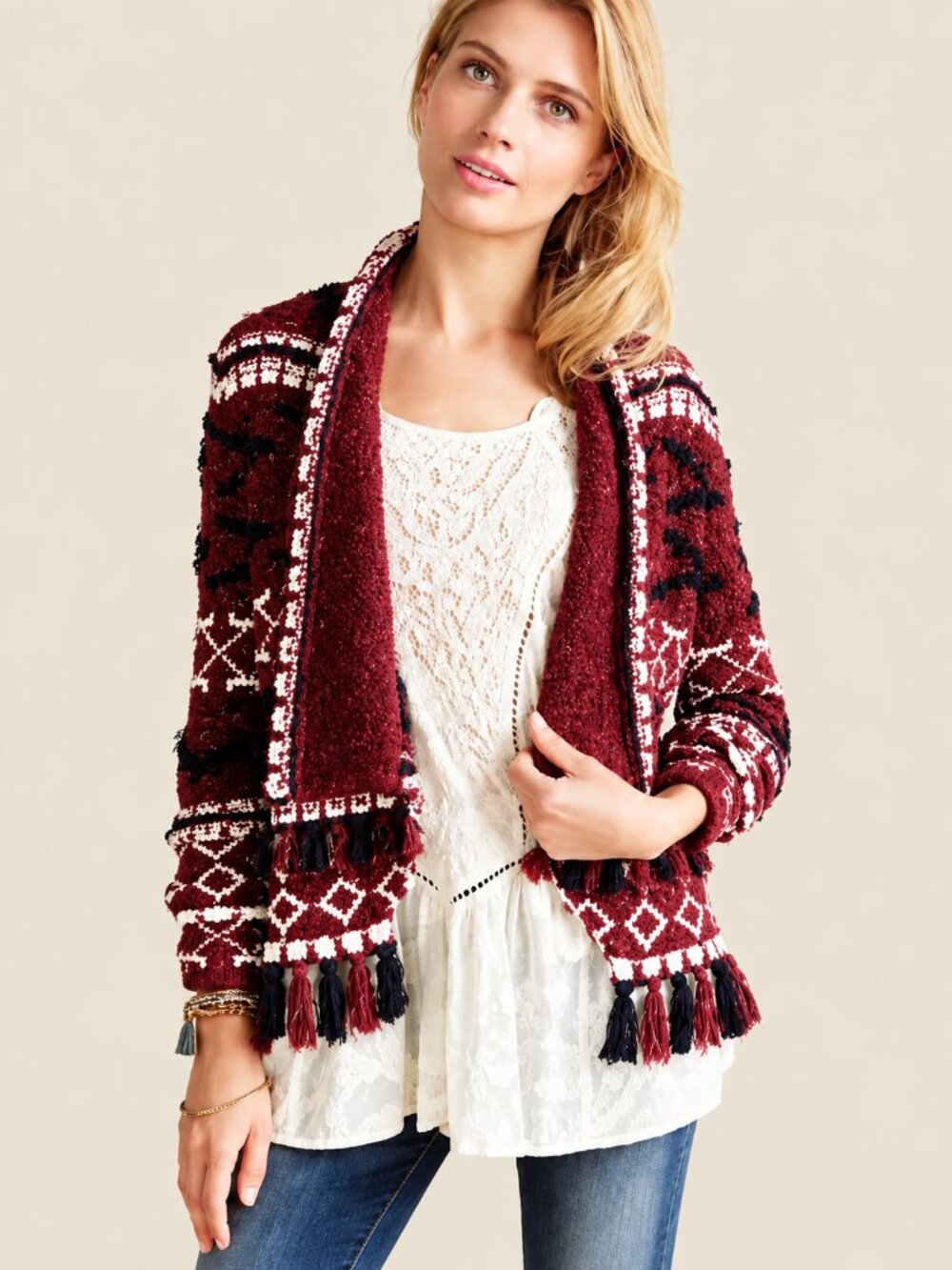 Moth Anthropologie Veras Fringe Cardigan Burgundy Southwestern Knit XS Boho